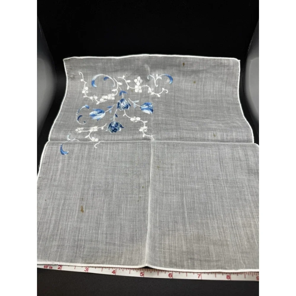 Vintage Blue And Silver‎ Flower Embroidered Hankerchief